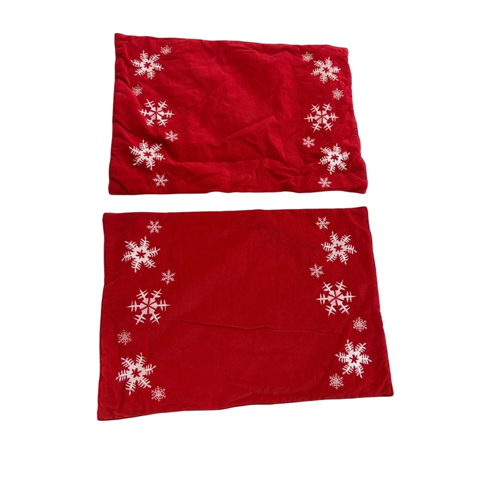 Red Corduroy Snowflake Christmas Placemats Set of‎ 2 Embroidered Holiday Decor